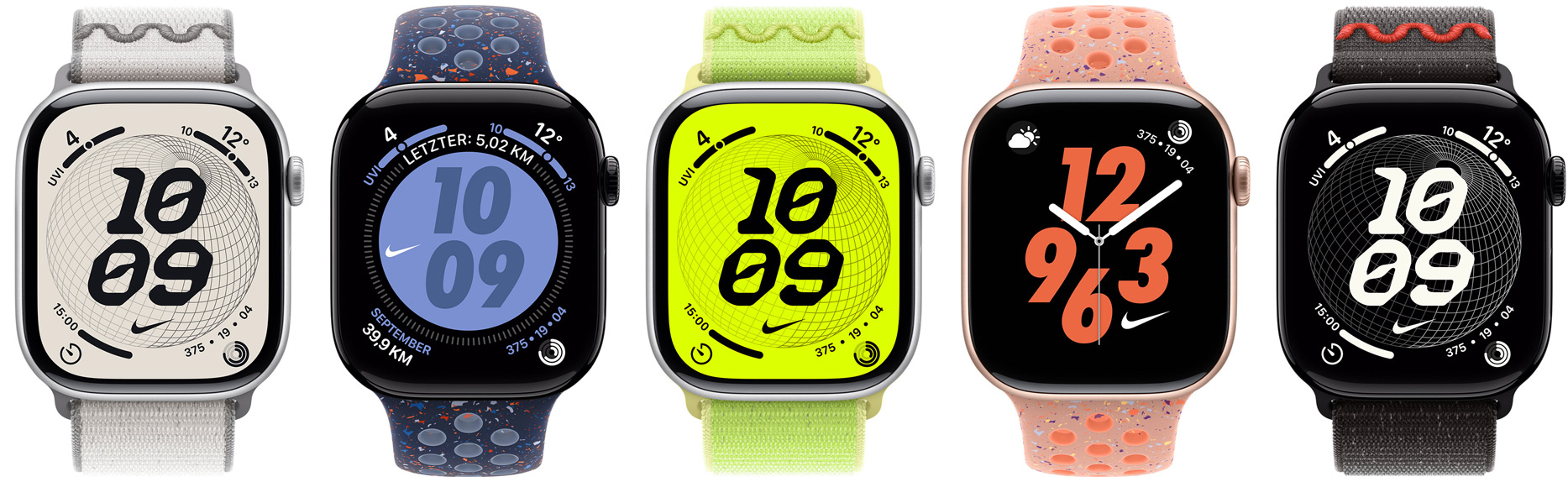 Apple Watch Ger?te, Nike Armb?nder: Nike Sport Loop in Veiled Grey, Nike Sportarmband in Blue Ribbon, Nike Sport Loop in Volt Splash, Nike Sportarmband in Alpenglow Pink, Nike Sportarmband in Midnight Black, Nike Zifferbl?tter: Globe, Hybrid, Bounce, Digital