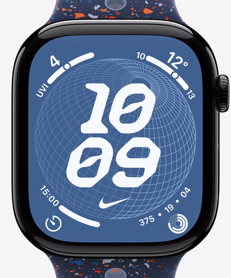 Nike Globe Zifferblatt, Uhrzeit, Nike Swoosh, Komplikationen: UV Index, Wetter, Timer, Aktivit?tsringe