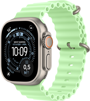 Apple Watch Ultra 3, Farbe Natur, Titangeh?use, Zifferblatt Orientierung, Komplikationen: UV Index, Aktivit?t, Satellit, Kompass, rechte Seitenansicht, Digital Crown, Mikrofon, Seitentaste, Ocean Armband, Farbe Neongrün