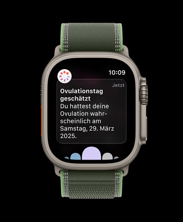 Apple Watch Ultra 3, Titangeh?use Natur, Benachrichtigung vom Zyklusprotokoll in der Health App zum gesch?tzten Ovulationsdatum, Armband, Trail Loop, Blau/Hellblau