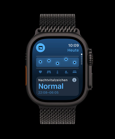 Apple Watch Ultra 3, Farbe Schwarz, Titangeh?use, Vitalzeichen App, Diagramm mit Gesundheitsbewertung, Mitteilung zu Abweichungen bei im Schlaf erfassten Vitalzeichen, Armband, Milanaise Armband Schwarz