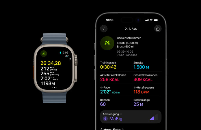 Apple Watch Ultra 3, Farbe Natur, Titangeh?use, Ocean Armband, Farbe Maritimblau, aktives Schwimmtraining, gr??ere Aufschlüsselung der Trainingsdaten auf dem iPhone