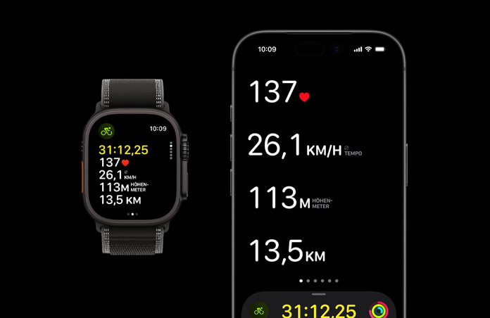 Apple Watch Ultra 3, Farbe Schwarz, Titangeh?use, Trail Loop, Farbe Schwarz/Kohlegrau, iPhone, aktive Trainingsdaten auf beiden Ger?ten