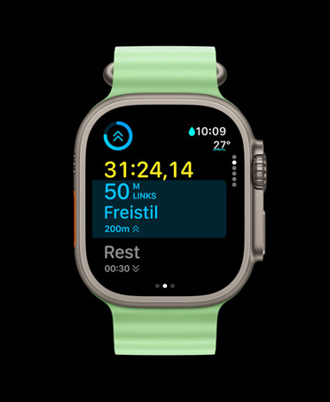 Apple Watch Ultra 3, Farbe Natur, Titangeh?use, Trainingsapp, Karte für eigenes Training, Ansicht: Als N?chstes, Ocean Armband Neongrün