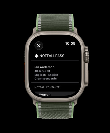 Apple Watch Ultra 3, Farbe Natur, Titangeh?use, Notfallpass Display, Trail Loop, Farbe Grün/Neon