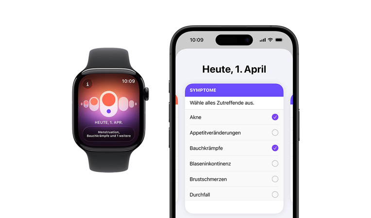 Apple Watch Series 11, Aluminiumgeh?use, Farbe poliertes Diamantschwarz, Sportarmband, Farbe Schwarz, Zyklusprotokoll App, Auswahl für t?gliche Symptome auf gekoppeltem iPhone ge?ffnet