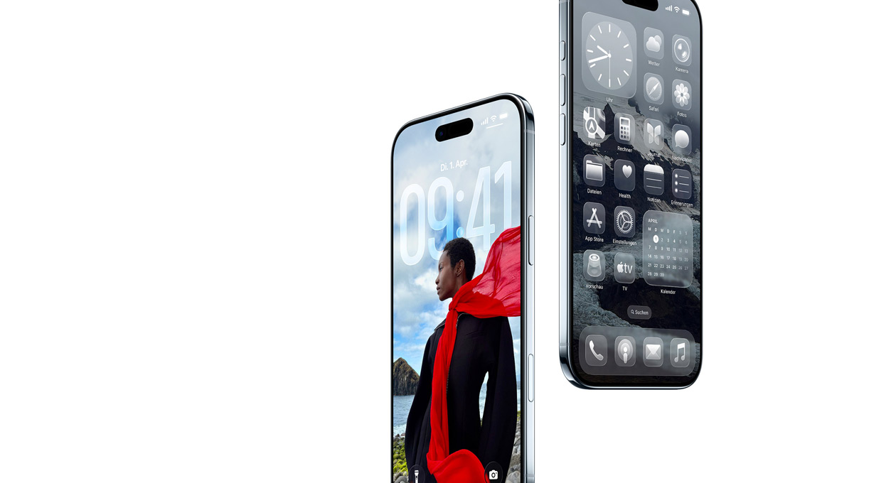 Zwei iPhone Air Ger?te, Vorderseite, Seite, dünnes Profil, dynamischer Sperrbildschirm, Homescreen mit Liquid Glass Apps