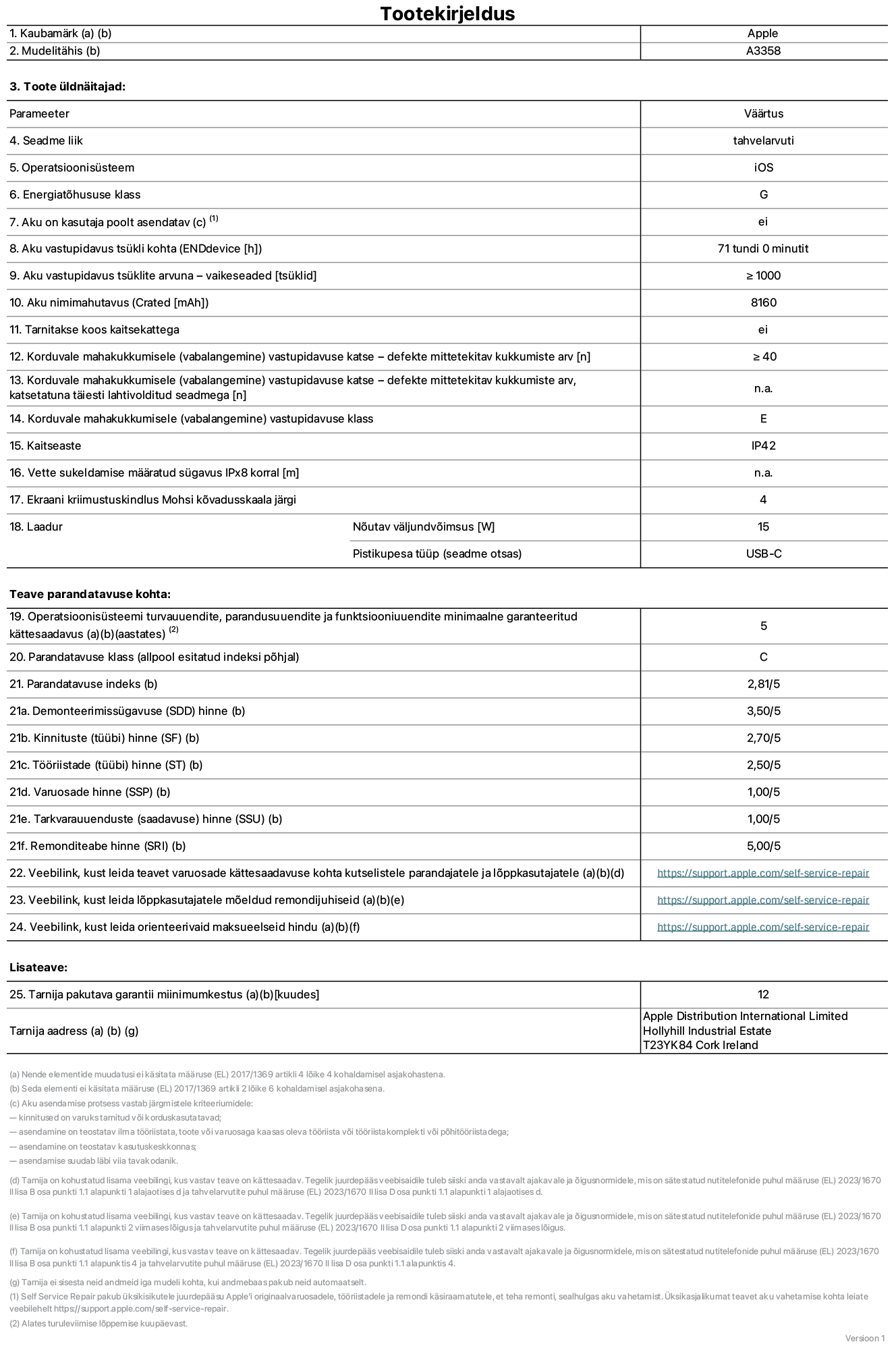 11-tollise iPad Pro M5 WiFi + Cellular, mudeli A3358 toote infoleht. Tarnija on Apple Distribution International Limited, Hollyhill Industrial Estate. Cork, Ireland T23 YK84. Seadme tüüp: tahvelarvuti. Operatsioonisüsteem: iOS. Energiat?hususklass: G. Aku vahetatav kasutajale: ei. Aku vastupidavus tsükli kohta: 71 tundi. Aku kestvustsüklid – vaikes?tted: suurem v?i v?rdne 1000-ga. Akumaht: 8160 mAh. Tarnitakse kaitsekattega: ei. Korduv vabalangemise usaldusv??rsustest – kukub ilma defektita: ≥ 40. Korduv vabalangemise usaldusv??rsustest – kukub ilma defektita t?ielikult v?ljaulatatuna: pole kohaldatav. Korduv vabalangemise usaldusv??rsusklass: E. Tolmu- ja veekindluse kaitse hinnang: IP42. M??ratud iPx8 sukeldumissügavus: pole kohaldatav. Ekraani kriimustuskindlus Mohsi k?vaduse skaalal: 4. Laadija n?utav v?ljundv?imsus: 15 W. Laadija tüüp (seadmel): USB-C. Opsüsteemi turva-, korrektiiv- ja funktsionaalsusv?rskenduste minimaalne tagatud saadavus: 5 aastat. Parandatavusklass: C. Parandatavusindeks: 2,81/5. Lahtiv?tmise sügavuse (SDD) hinne: 3,50/5. Kinnitusdetailide hinne: 2,70/5. T??riistade hinne: 2,50/5. Varuosade hinne: 1,00/5. Tarkvarav?rskenduste hinne: 1,00/5. Parandusteabe hinne: 5,00/5. Teave varuosade k?ttesaadavuse kohta professionaalsetele parandajatele ja l?ppkasutajatele: https://support.apple.com/self-service-repair. Parandusjuhised l?ppkasutajatele: https://support.apple.com/self-service-repair. Soovituslikud maksueelsed hinnad: https://support.apple.com/self-service-repair. 12-kuune üldgarantii.