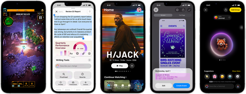 K?rvuti asetsevad iPhone 17e seadmed erinevate ekraanikuvadega: m?ngimisel olev m?ng, Writing Tools t??riist, Apple TV rakendus, loomisel olev kalendrisündmus, loomisel olev Genmoji