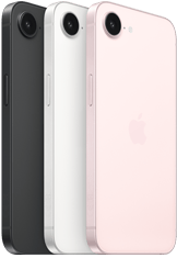 iPhone 17e, külg ja tagakülg, must v?rvitoon, külg ja tagakülg, valge v?rvitoon, külg ja tagakülg, ?rnroosa v?rvitoon, ülaosas Fusion kaamera, külgnupp