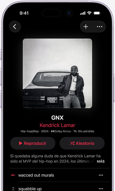 Pantalla de un iPhone que muestra el álbum ?GNX? de Kendrick Lamar en Apple Music
