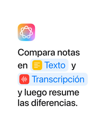 Mensaje ?Compara notas en Texto y Transcripción y luego resume las diferencias? con las palabras ?Texto? y ?Transcripción? destacadas en azul, tal y como saldrían en la aplicación Atajos