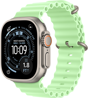 Apple Watch Ultra 3 med urkasse i farven naturligt titanium, urskiven Orienteringsl?b, komplikationerne UV-indeks, Aktivitet og Satellit, Digital Crown, mikrofon og sideknap i h?jre side og neongr?n Ocean-rem