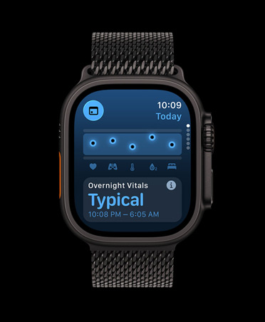 Apple Watch Ultra 3, finition noire, bo?tier en titane, app Signes vitaux, tableau des scores de santé, notification de valeurs anormales des signes vitaux nocturnes, Bracelet Milanais noir
