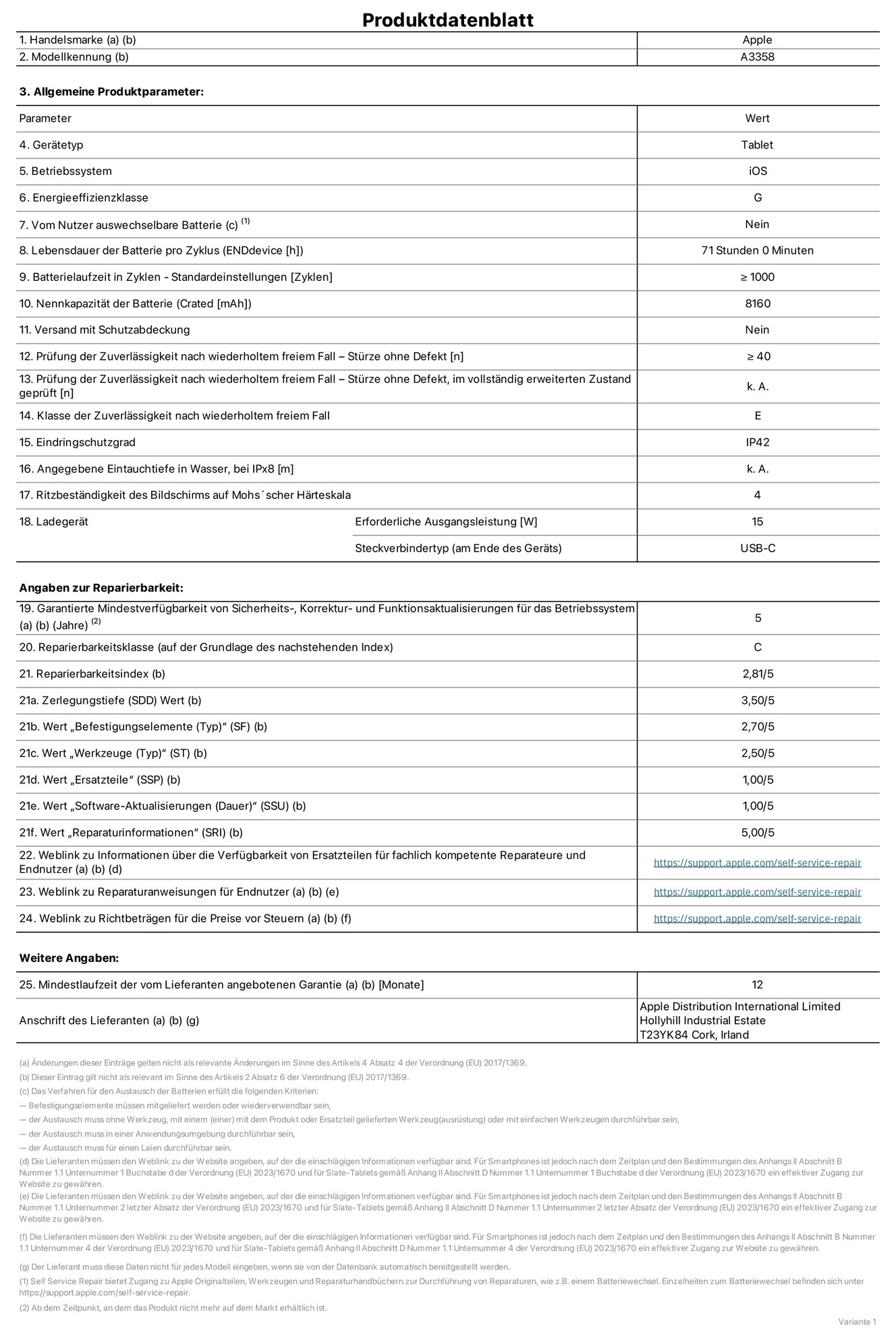 Produktinfoblatt für das 11" iPad Pro M5 Wi-Fi + Cellular, Modell A3358. Bereitgestellt von Apple Distribution International Limited, Hollyhill Industrial Estate. Cork, Irland, T23 YK84. Ger?tetyp: Tablet. Betriebssystem: iOS. Energieeffizienzklasse: G. Vom Benutzer auswechselbare Batterie: nein. Batterielaufzeit pro Zyklus: 71 Std. Batterielaufzeit in Zyklen – Standardeinstellungen: ≥ 1.000. Nennkapazit?t der Batterie: 8.160 mAh. Versand mit Schutzabdeckung: nein. Prüfung der Zuverl?ssigkeit nach wiederholtem freiem Fall – Stürze ohne Defekt: ≥ 40. Prüfung der Zuverl?ssigkeit nach wiederholtem freiem Fall – Stürze ohne Defekt, im vollst?ndig erweiterten Zustand geprüft: nicht zutreffend. Klasse der Zuverl?ssigkeit nach wiederholtem freiem Fall: E. Eindringschutzgrad: IP42. Angegebene Eintauchtiefe in Wasser, bei iPx8: nicht zutreffend. Ritzbest?ndigkeit des Displays auf Mohs’scher H?rteskala: 4. Erforderliche Ausgangsleistung des Ladeger?ts: 15 W. Anschluss Ladeger?t (am Ende des Ger?ts): USB?C. Garantierte Mindestverfügbarkeit von Sicherheits?, Korrektur? und Funktionsaktualisierungen für das Betriebssystem: 5 Jahre. Reparierbarkeitsklasse: C. Reparierbarkeitsindex: 2,81/5. Wert ?Zerlegungstiefe“ (SDD): 3,50/5. Wert ?Befestigungselemente“: 2,70/5. Wert ?Werkzeuge“: 2,50/5. Wert ?Ersatzteile“: 1,00/5. Wert ?Software-Aktualisierungen“: 1,00/5. Wert ?Reparaturinformationen“: 5,00/5. Weblink zu Informationen über die Verfügbarkeit von Ersatzteilen für fachlich kompetente Reparaturanbieter und Endnutzer:innen: https://support.apple.com/self-service-repair. Weblink zu Reparaturanweisungen für Endnutzer:innen: https://support.apple.com/self-service-repair. Weblink zu Richtbetr?gen für die Preise vor Steuern: https://support.apple.com/self-service-repair. 12 Monate angebotene allgemeine 