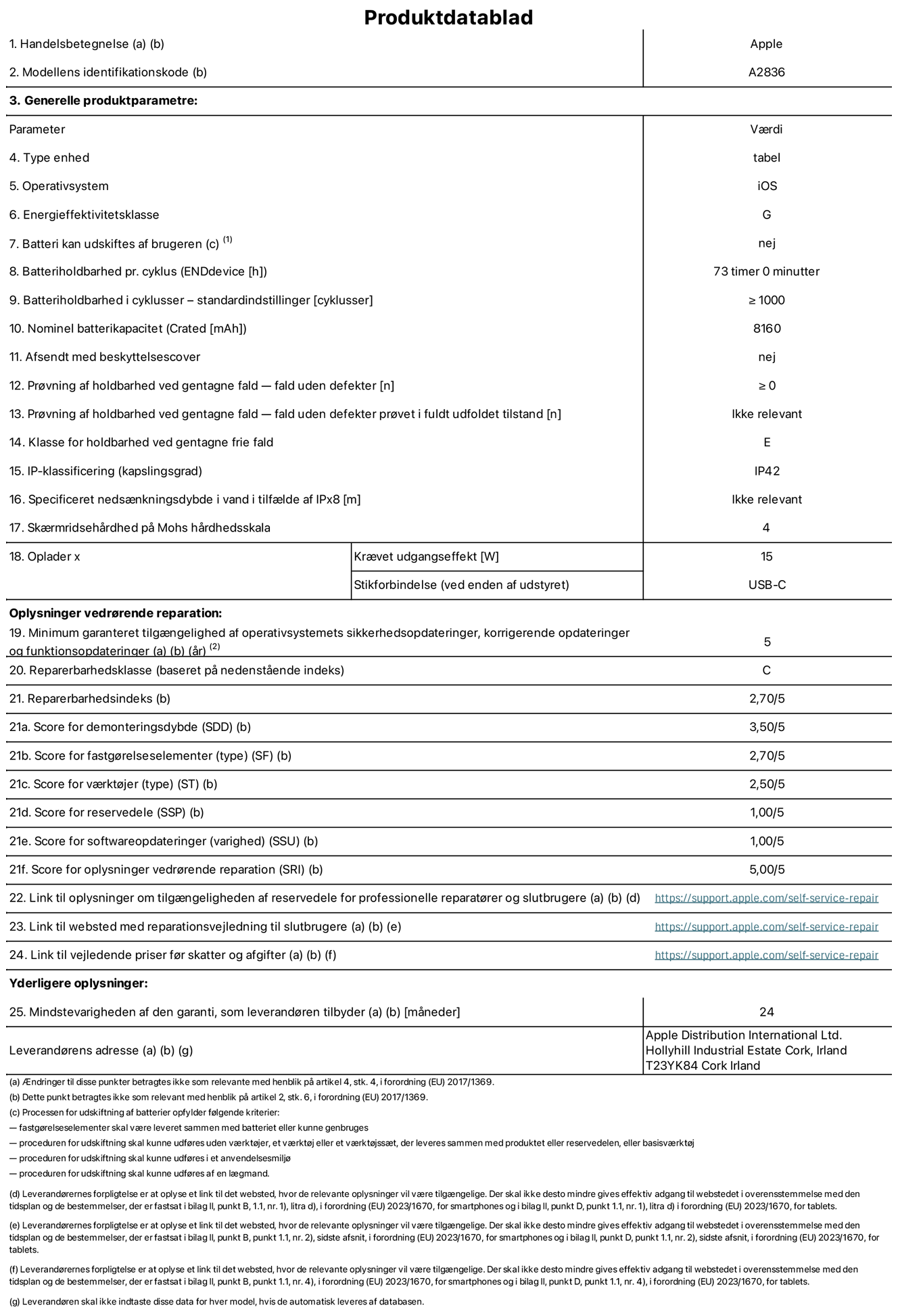 Produktdatablad til 11" iPad Pro Wi-Fi, model A2836. Leveret af Apple Distribution International Ltd, Hollyhill Industrial Estate. Cork, Irland T23 YK84. Enhedstype: tablet. Styresystem: iOS. Energieffektivitetsklasse: G. Batteri kan udskiftes af brugeren: nej. Batteritid: 73 timer. Batterilevetid i cyklusser: ≥ 1000. Nominel batterikapacitet: 8160 mAh. Holdbarhedstest ved gentagne fald – fald uden defekt: ≥ 0. Holdbarhedsklasse ved gentagne fald: E. Kapslingsklasse: IP42. Sk?rmens ridsefasthed p? Mohs' h?rdhedsskala: 4. P?kr?vet udgangseffekt for oplader: 15 W. Opladerstiktype: USB-C. Garanteret minimumsperiode for tilg?ngelighed af sikkerhedsopdateringer, fejlrettelser og funktionsopdateringer til styresystemet: 5 ?r. Reparerbarhedsklasse: C. Reparationsindeks: 2,70/5. Antal point for demonteringsdybde: 3,50/5. Antal point for fastg?relseselementer: 2,70/5. Antal point for v?rkt?j: 2,50/5. Antal point for reservedele: 1,00/5. Antal point for softwareopdateringer: 1,00/5. Antal point for reparationsoplysninger: 5,00/5. Weblink til oplysninger om tilg?ngeligheden af reservedele for professionelle reparat?rer og slutbrugere: https://support.apple.com/self-service-repair. Weblink til vejledning i reparation for slutbrugere: https://support.apple.com/self-service-repair. Weblink til vejledende priser f?r skatter og afgifter: https://support.apple.com/self-service-repair. Produktet er omfattet af 24 m?neders garanti.