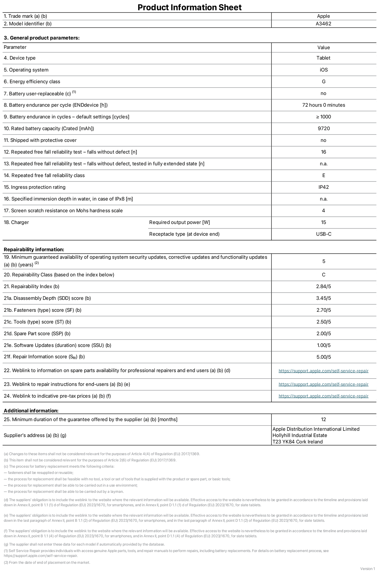 Product information sheet for 13-inch iPad Air Wi?Fi + Cellular, model A3462. Supplied by Apple Distribution International Limited, Hollyhill Industrial Estate. Cork, Ireland, T23 YK84. Device type: tablet. Operating system: iOS. Energy efficiency class: G. Battery user-replaceable: no. Battery endurance per cycle: 72 hours. Battery endurance in cycles — default settings: greater than or equal to 1,000. Rated battery capacity: 9720 milliampere-hours. Shipped with protective cover: no. Repeated free fall reliability test - falls without defect: 16. Repeated free fall reliability test — falls without defect tested in fully extended state: not applicable. Repeated free fall in reliability class: E. Ingress protection rating: IP42. Specified immersion depth in water, in case of iPx8: not applicable. Screen scratch resistance on Mohs hardness scale: 4. Charger required output power: 15 watts. Charger receptacle type (at device end): USB?C. Minimum guaranteed availability of operating system security updates, corrective updates and functionality updates: 5 years. Repairability class: C. Repairability index: 2.84/5. Disassembly Depth (SDD) score: 3.45/5. Fasteners score: 2.70/5. Tools score: 2.50/5. Spare part score: 2.00/5. Software updates score: 1.00/5. Repair information score: 5.00/5. Weblink to information on spare parts availability for professional repairers and end-users: https://support.apple.com/self-service-repair. Weblink to repair instructions for end-users: https://support.apple.com/self-service-repair. Weblink to indicative pre-tax prices: https://support.apple.com/self-service-repair. 12-month general guarantee offered.
