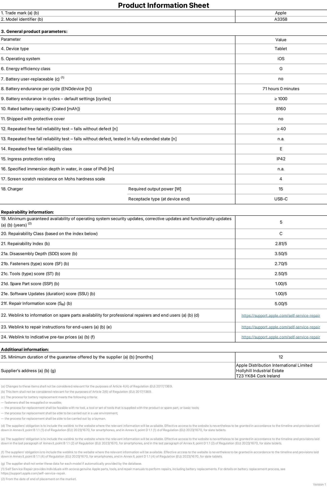 Product information sheet for 11-inch iPad Pro M5 Wi?Fi + Cellular, model A3358. Supplied by Apple Distribution International Limited, Hollyhill Industrial Estate. Cork, Ireland, T23 YK84. Device type: tablet. Operating system: iOS. Energy efficiency class: G. Battery user-replaceable: no. Battery endurance per cycle: 71 hours. Battery endurance in cycles — default settings: greater than or equal to 1,000. Rated battery capacity: 8,160 milliampere-hours. Shipped with protective cover: no. Repeated free fall reliability test — falls without defect: greater than or equal to 40. Repeated free fall reliability test — falls without defect tested in fully extended state: not applicable. Repeated free fall in reliability class: E. Ingress protection rating: IP42. Specified immersion depth in water, in case of iPx8: not applicable. Screen scratch resistance on Mohs hardness scale: 4. Charger required output power: 15 watts. Charger receptacle type (at device end): USB-C. Minimum guaranteed availability of operating system security updates, corrective updates and functionality updates: 5 years. Repairability class: C. Repairability index: 2.81/5. Disassembly Depth (SDD) score: 3.50/5. Fasteners score: 2.70/5. Tools score: 2.50/5. Spare part score: 1.00/5. Software updates score: 1.00/5. Repair information score: 5.00/5. Weblink to information on spare parts availability for professional repairers and end-users: https://support.apple.com/self-service-repair. Weblink to repair instructions for end-users: https://support.apple.com/self-service-repair. Weblink to indicative pre-tax prices: https://support.apple.com/self-service-repair. 12-month general guarantee offered.
