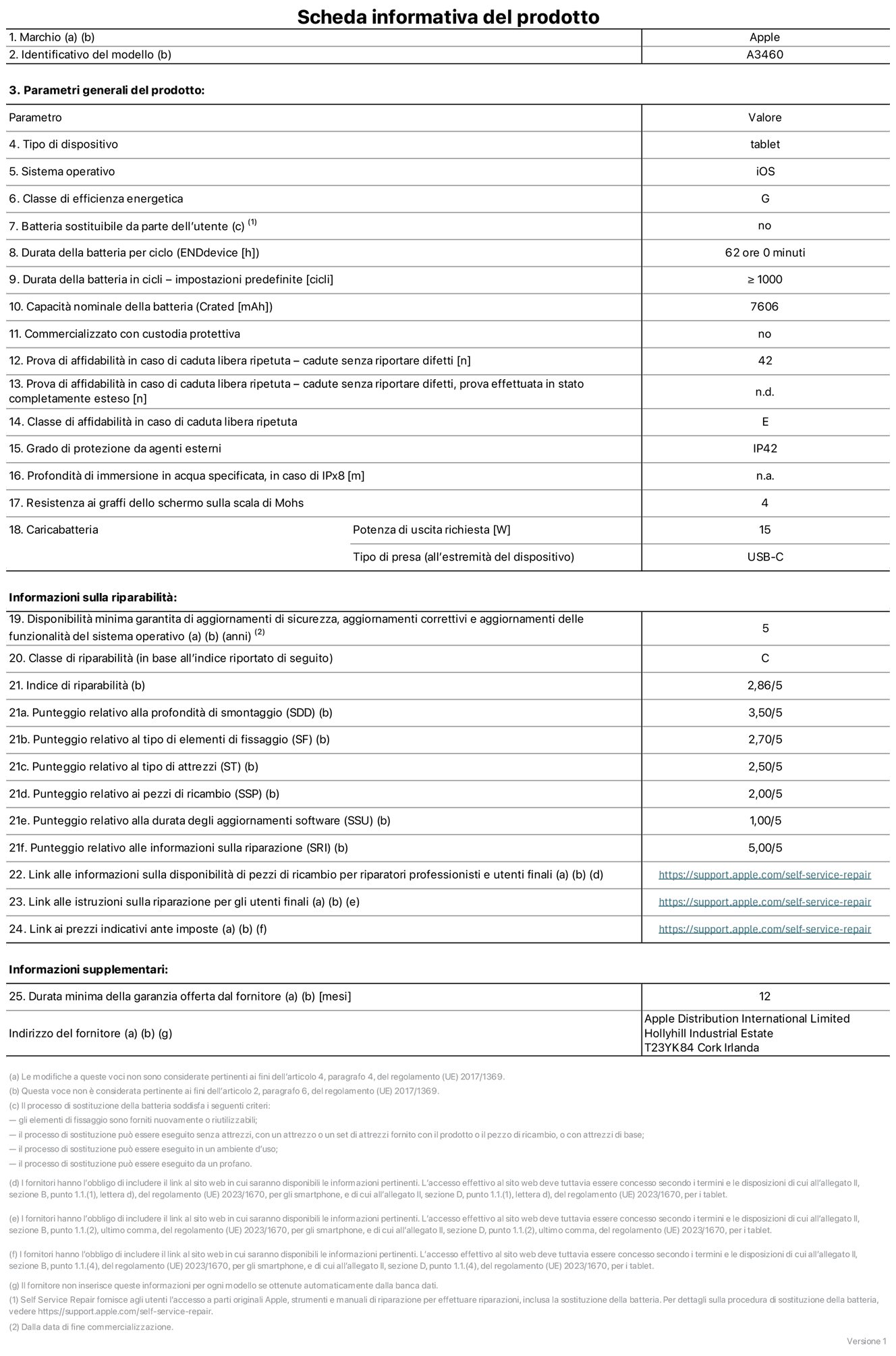 Scheda informativa del prodotto per iPad Air 11 pollici Wi?Fi + Cellular, modello A3460. Fornito da Apple Distribution International Limited, Hollyhill Industrial Estate, T23 YK84, Cork, Irlanda. Tipo di dispositivo: tablet. Sistema operativo: iOS. Classe di efficienza energetica: G. Batteria sostituibile da parte dell’utente: no. Durata della batteria per ciclo: 62 ore. Durata della batteria in cicli (impostazioni predefinite): maggiore o uguale a 1000. Capacità nominale della batteria: 7606 milliampere-ora. Commercializzato con custodia protettiva: no. Prova di affidabilità in caso di caduta libera ripetuta (cadute senza riportare difetti): 42. Prova di affidabilità in caso di caduta libera ripetuta (cadute senza riportare difetti, prova effettuata in stato completamente esteso): non disponibile. Classe di affidabilità nel caso di caduta libera ripetuta: E. Grado di protezione da agenti esterni: IP42. Profondità di immersione in acqua specificata, in caso di IPx8: non applicabile. Resistenza ai graffi dello schermo sulla scala di Mohs: 4. Potenza di uscita richiesta per il caricabatterie: 15W. Tipo di presa per il caricabatterie (all’estremità del dispositivo): USB?C. Disponibilità minima garantita di aggiornamenti di sicurezza, aggiornamenti correttivi e aggiornamenti delle funzionalità del sistema operativo: 5 anni. Classe di riparabilità: C. Indice di riparabilità: 2,86 su 5. Punteggio relativo alla profondità di smontaggio (SDD): 3,50 su 5. Punteggio relativo al tipo di elementi di fissaggio: 2,70 su 5. Punteggio relativo al tipo di attrezzi: 2,50 su 5. Punteggio relativo ai pezzi di ricambio: 2,00 su 5. Punteggio relativo alla durata degli aggiornamenti software: 1,00 su 5. Punteggio relativo alle informazioni sulla riparazione: 5,00 su 5. Link alle informazioni sulla disponibilità di pezzi di ricambio per riparatori professionisti e utenti finali: https://support.apple.com/self-service-repair. Link alle istruzioni sulla riparazione per gli utenti finali: https://support.apple.com/self-service-repair. Link ai prezzi indicativi ante imposte: https://support.apple.com/self-service-repair. è prevista una garanzia generale di 12 mesi.