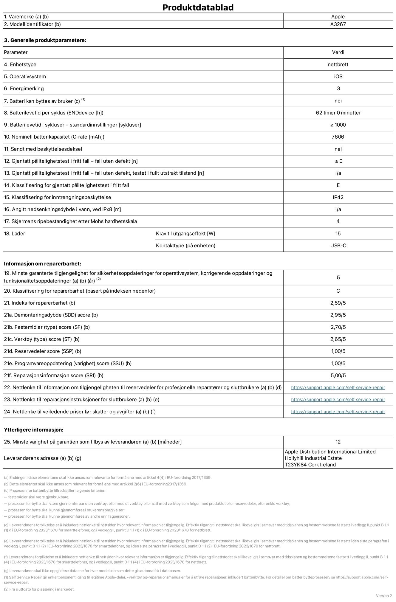 Produktdatablad for 11-tommers iPad Air Wi?Fi + Cellular – modell A3267. Levert av Apple UK Ltd, 100 New Bridge Street, London EC4V 6JA. Enhetstype: nettbrett. Operativsystem: iOS. Energieffektivitetsklasse for standard dynamisk omfang: G. Batteriets holdbarhet: 62 timer. Batteriets holdbarhet i antall ladesykluser: ≥ 1000. Nominell batterikapasitet: 7606 mAh. Holdbarhetstest ved gjentatte fall – antall fall uten feil: ≥ 0. Holdbarhetsklasse ved gjentatte fall: E. Kapslingsgrad: IP42. Skjermens ripefasthet p? Mohs skala: 4. Krav til laderens utgangseffekt: 15 watt. Laderens stikkontakt: USB-C. Minstegaranti for tilgang p? sikkerhetsoppdateringer, feilrettinger og funksjonsoppdateringer til operativsystemet: 5 ?r. Reparerbarhetsklasse: C. Reparerbarhetsindeks: 2,59/5. Demontering: 2,95/5. Festeanordninger (type): 2,70/5. Verkt?y: 2,65/5. Reservedeler: 1,00/5. Programvareoppdateringer: 1,00/5. Informasjon om reparasjon: 5,00/5. Lenke til informasjon om tilgjengelighet for reservedeler for profesjonelle reparat?rer og sluttbrukere: https://support.apple.com/self-service-repair. Lenke til reparasjonsveiledning for sluttbrukere: https://support.apple.com/self-service-repair. Lenke til veiledende priser ekskl. mva: https://support.apple.com/self-service-repair. Produktet omfattes av en 12-m?neders generell garanti.