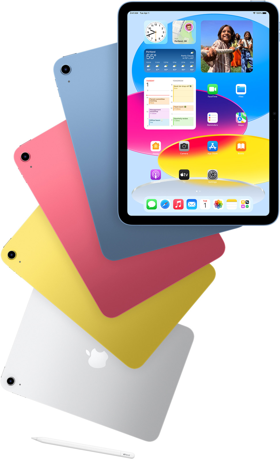 Vista frontal do ecr? principal do iPad com outros iPad atrás nas cores azul, rosa, amarelo e prateado. Apple Pencil junto da disposi??o de modelos de iPad.
