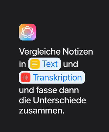 Apple Intelligence Symbol und Textaufforderung: ?Vergleiche Notizen in Text und Transkription und fasse die Unterschiede zusammen“