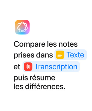 Compare les notes prises dans Texte et Transcription, puis résume les différences, les mots ? Texte ? et ? Transcription ? s’affichent en bleu, comme ils appara?traient dans l’app Raccourcis