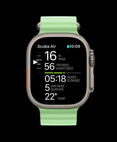 Apple Watch Ultra 3, finition naturelle, bo?tier en titane, données de plongée Oceanic+ : profondeur, temps de décompression, temps de plongée, minutes jusqu’à la surface, température de l’eau, Bracelet Océan, coloris vert fluo