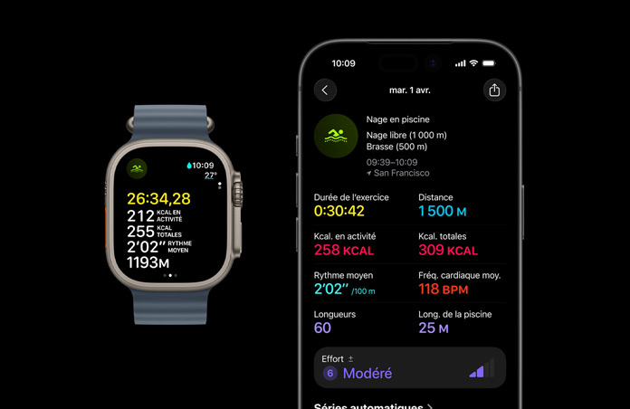 Apple Watch Ultra 3, finition naturelle, bo?tier en titane, Bracelet Océan, coloris bleu maritime, exercice Nage en cours, ventilation plus détaillée des données d’exercice sur un iPhone