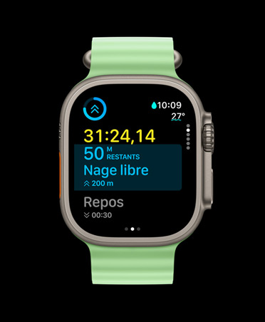 Apple Watch Ultra 3, finition naturelle, bo?tier en titane, app Exercice, exercice personnalisé, vue à suivre, Bracelet Océan vert fluo