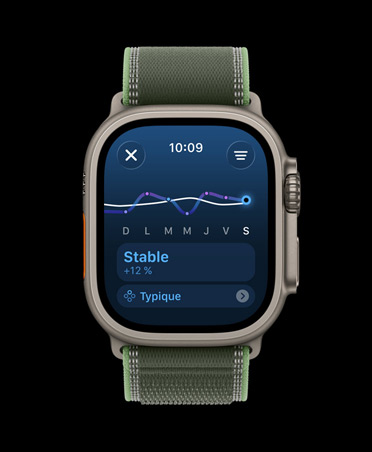 Apple Watch Ultra 3, finition naturelle, bo?tier en titane, graphique linéaire et calendrier de charge d’entra?nement, bracelet, Boucle Trail, coloris vert/vert fluo