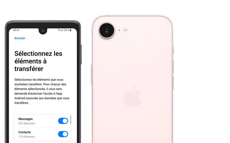 C?te à c?te, téléphone Android affichant l’app Migrer vers iOS, iPhone 17e, face arrière, coloris rose pastel, caméra Fusion