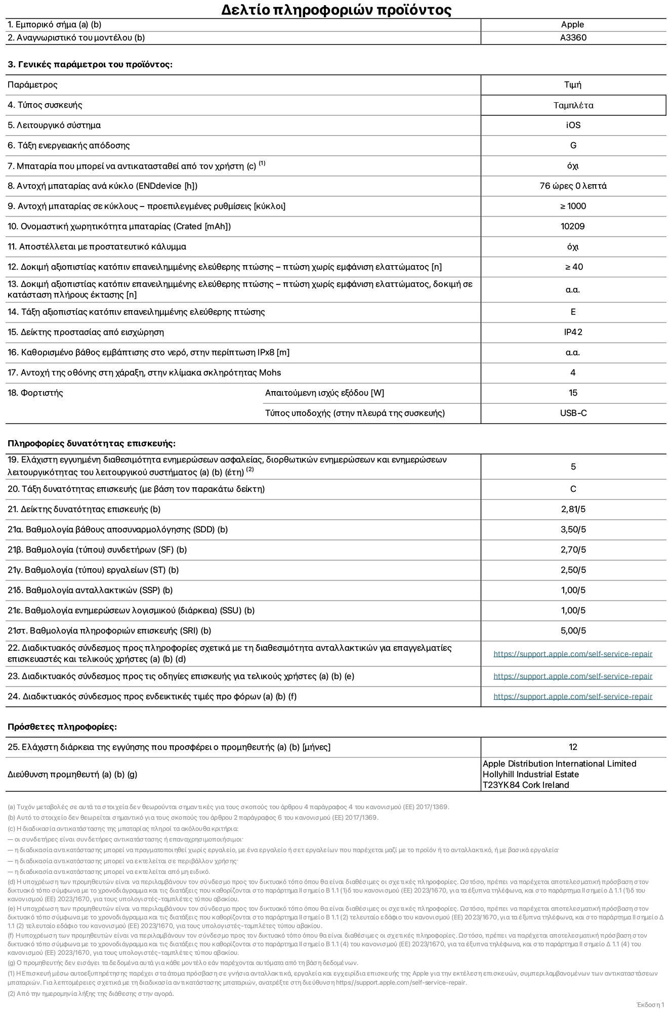 Φ?λλο πληροφορι?ν προ??ντο? για το iPad Pro M5 Wi-Fi 13 ιντσ?ν, μοντ?λο A3360. Παρ?χεται απ? την Apple Distribution International Limited, Hollyhill Industrial Estate. Cork, Ιρλανδ?α, T23 YK84. Τ?πο? συσκευ??: τ?μπλετ. Λειτουργικ? σ?στημα: iOS. Τ?ξη ενεργειακ?? απ?δοση?: G. Δυνατ?τητα αντικατ?σταση? μπαταρ?α? απ? τον χρ?στη: ?χι. Αντοχ? μπαταρ?α? αν? κ?κλο: 76 ?ρε?. Αντοχ? μπαταρ?α? σε κ?κλου? - προεπιλεγμ?νε? ρυθμ?σει?: μεγαλ?τερη ? ?ση του 1.000. Ονομαστικ? χωρητικ?τητα μπαταρ?α?: 10.209 mAh. Αποστ?λλεται με προστατευτικ? κ?λυμμα: ?χι. Δοκιμ? αξιοπιστ?α? κατ?πιν επανειλημμ?νη? ελε?θερη? πτ?ση?, πτ?σει? χωρ?? βλ?βη: περισσ?τερε? ? ?σε? με 40. Δοκιμ? αξιοπιστ?α? κατ?πιν επανειλημμ?νη? ελε?θερη? πτ?ση?, πτ?σει? χωρ?? βλ?βη σε κατ?σταση πλ?ρου? ?κταση?: μη διαθ?σιμο. Τ?ξη αξιοπιστ?α? κατ?πιν επανειλημμ?νη? ελε?θερη? πτ?ση?: E. Αξιολ?γηση προστασ?α? απ? εισχ?ρηση: IP42. Καθορισμ?νο β?θο? εμβ?θιση? σε νερ?, σε περ?πτωση iPx8: μη διαθ?σιμο. Ανθεκτικ?τητα οθ?νη? στι? γρατζουνι?? στην κλ?μακα σκληρ?τητα? Mohs: 4. Απαιτο?μενη ισχ?? εξ?δου φορτιστ?: 15 W. Τ?πο? υποδοχ?? ηλεκτρικο? ρε?ματο? φορτιστ? (στο ?κρο τη? συσκευ??): USB-C. Ελ?χιστη εγγυημ?νη διαθεσιμ?τητα ενημερ?σεων ασφαλε?α?, διορθωτικ?ν ενημερ?σεων και ενημερ?σεων λειτουργικ?τητα? λειτουργικο? συστ?ματο?: 5 ?τη. Τ?ξη επιδιορθωσιμ?τητα?: C. Δε?κτη? επιδιορθωσιμ?τητα?: 2,81/5. Βαθμολογ?α β?θου? αποσυναρμολ?γηση? (SDD): 3,50/5. Βαθμολογ?α συνδετ?ρων: 2,70/5. Βαθμολογ?α εργαλε?ων: 2,50/5. Βαθμολογ?α ανταλλακτικ?ν: 1,00/5. Βαθμολογ?α ενημερ?σεων λογισμικο?: 1,00/5. Βαθμολογ?α πληροφορι?ν επιδι?ρθωση?: 5,00/5. Διαδικτυακ?? σ?νδεσμο? με πληροφορ?ε? για τη διαθεσιμ?τητα ανταλλακτικ?ν για επαγγελματ?ε? τεχνικο?? και τελικο?? χρ?στε?: https://support.apple.com/self-service-repair. Διαδικτυακ?? σ?νδεσμο? με πληροφορ?ε? επιδι?ρθωση? για τελικο?? χρ?στε?: https://support.apple.com/self-service-repair. Διαδικτυακ?? σ?νδεσμο? με ενδεικτικ?? τιμ?? προ φ?ρου: https://support.apple.com/self-service-repair. Προσφ?ρεται 12μηνη γενικ? εγγ?ηση.