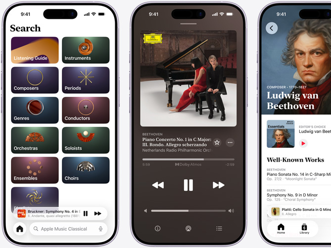 左邊的 iPhone 展示 Apple Music 古典樂 app 的「瀏覽」分頁，其中已選取「目錄」分頁，顯示作曲家、時(shí)期、類型、指揮家、管弦樂團(tuán)、獨(dú)奏/獨(dú)唱、合奏團(tuán)，以及合唱團(tuán)目錄；中間的 iPhone 顯示以杜比全景聲播放 Beethoven 的《Piano Concerto No. 1 in C Major, Op. 15: III. Rondo. Allegro scherzando》；右邊的 iPhone 顯示 Ludwig van Beethoven 的作曲家頁面
