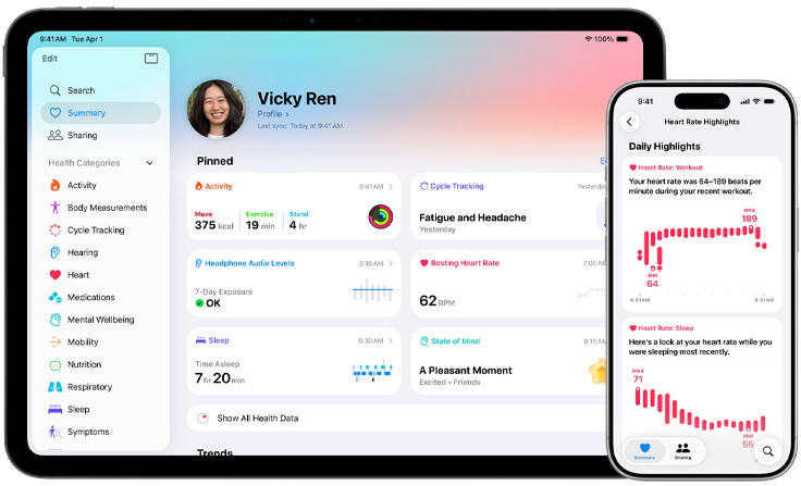 健康?app 顯示健康資料摘要，當中包括健身記錄、經(jīng)期追蹤、耳筒音訊水平、靜止心率、睡眠及心理狀態(tài)
