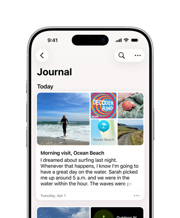 iPhone 上開啟了日記?app 的一則日記，圖像展示沙灘遊玩的一天，以及有關(guān)夢想的文字
