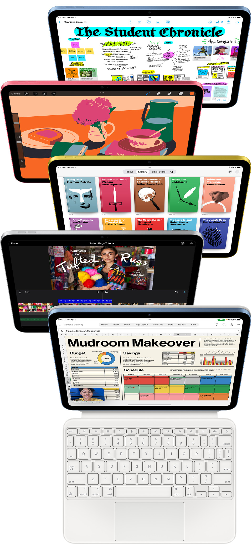 多部 iPad 的正面圖，螢?zāi)伙@示各式各樣的 app，包括 Freeform、Procreate、Apple Books、iMovie、Excel 和 Webex Meetings。