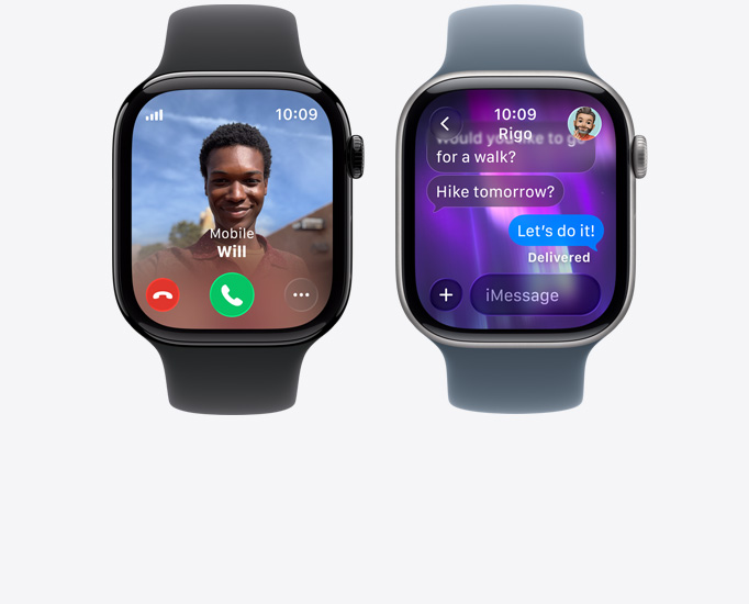 Apple?Watch Series?11 裝置，展示來電、聯(lián)絡人相片、接聽與拒接來電按鈕、iMessage?對話