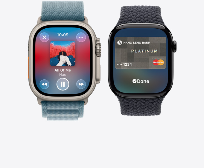 Apple?Watch Ultra?3，原色鈦金屬錶殼，螢幕展示 Apple Music app 的正在播放畫面，Apple Watch Series 11，拋光亮黑色鋁金屬錶殼，螢幕展示 Apple Pay 的畫面