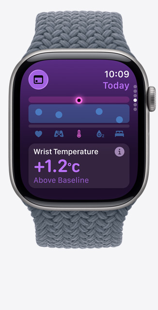 Apple?Watch Series?11，太空灰鋁金屬錶殼，展示維生指數(shù) app、健康評分圖表、手腕溫度高於基準通知、右側(cè)設有數(shù)碼錶冠，配搭錨鐵藍色編織單圈手環(huán)