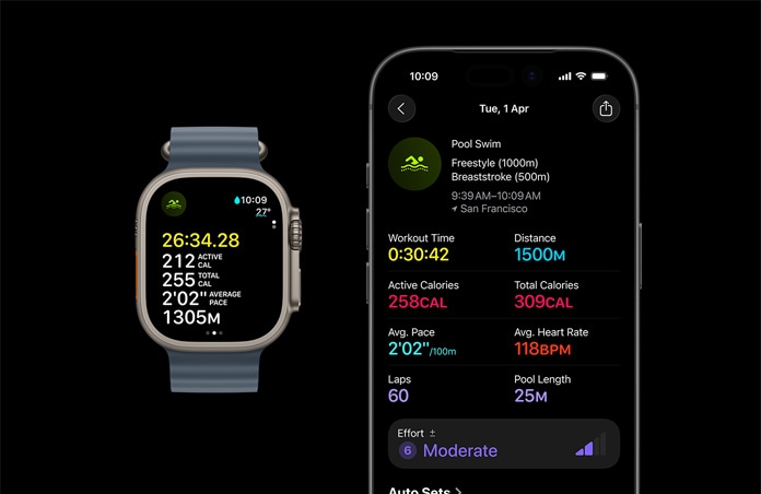 Apple Watch Ultra 3, natúr titántok, medencés úszóedzés mér?számai, teljes elemzés a párosított iPhone-on