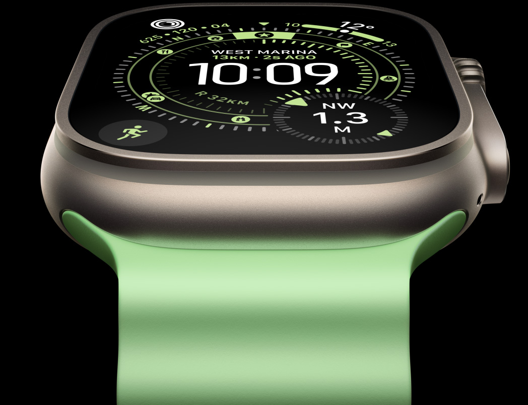 Apple Watch Ultra 3, natúr szín? titántok, irányt? a Tájékozódás nev? számlapon, neonz?ld óceán szíj