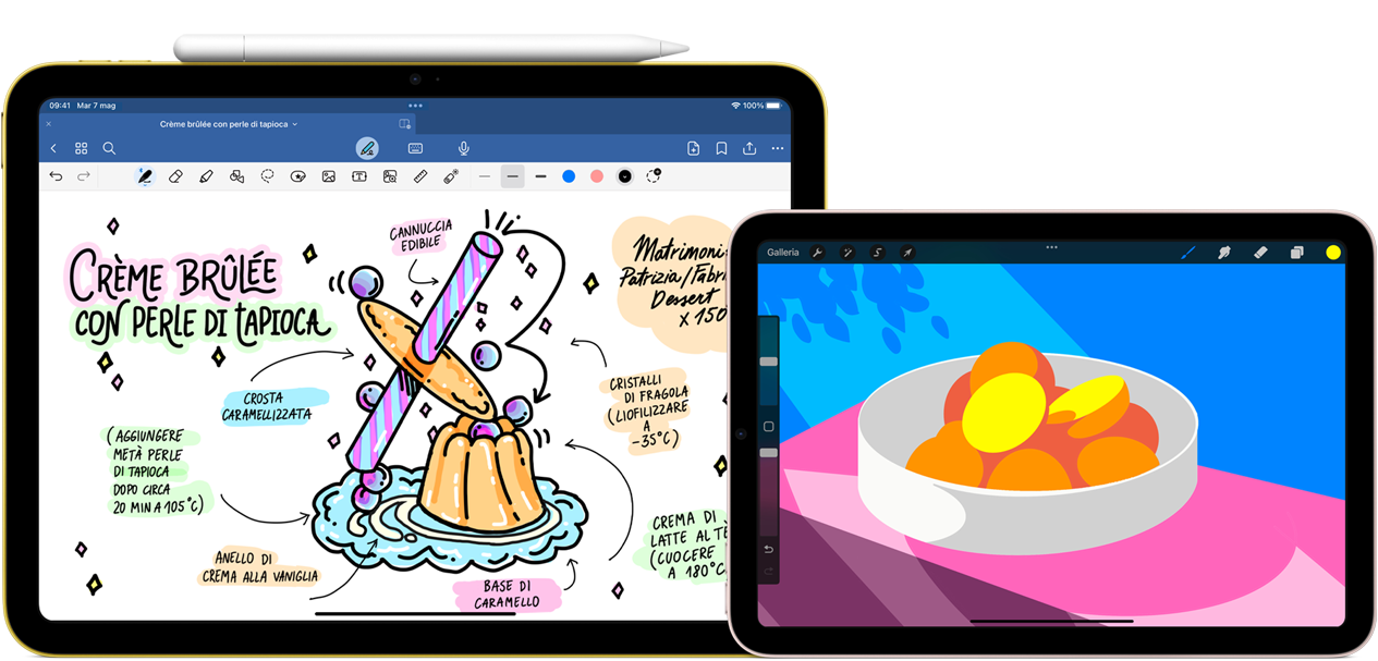 Due modelli di iPad affiancati. Quello di sinistra è un iPad disposto in orizzontale: si notano un disegno e alcune scritte e, sul lato superiore, è agganciata una Apple Pencil USB?C. Quello di destra è un iPad mini in posizione orizzontale: il display mostra un’illustrazione dai colori brillanti creata con l’app ProCreate.