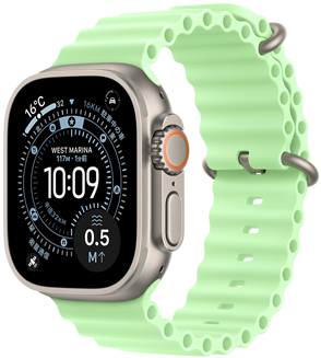 ナチュラルチタニウムケースのApple Watch Ultra 3、オリエンテーリングの文字盤に、天気、駐車した場(chǎng)所、衛(wèi)星通信、水面までの距離が表示されている。右側(cè)面の外観、Digital Crown、マイク、サイドボタン、ネオングリーンのオーシャンバンド