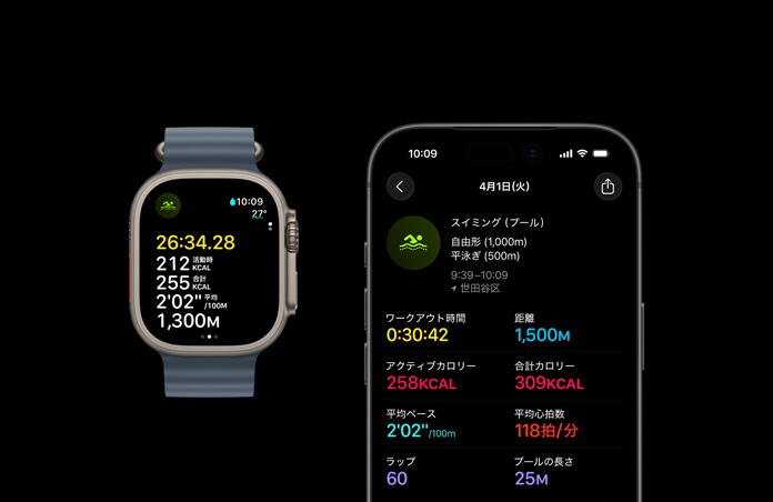 Apple Watch Ultra 3、カラーはナチュラル、チタニウムケース、オーシャンバンド、カラーはアンカーブルー、作動(dòng)中のスイミングワークアウト、iPhone上にワークアウトの測(cè)定値の內(nèi)訳が大きく表示されている