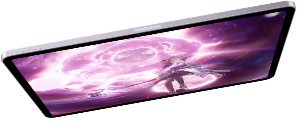 ビデオゲームが表示された橫向きのiPad Air。下にはほかに2臺(tái)のiPad Airが置かれている