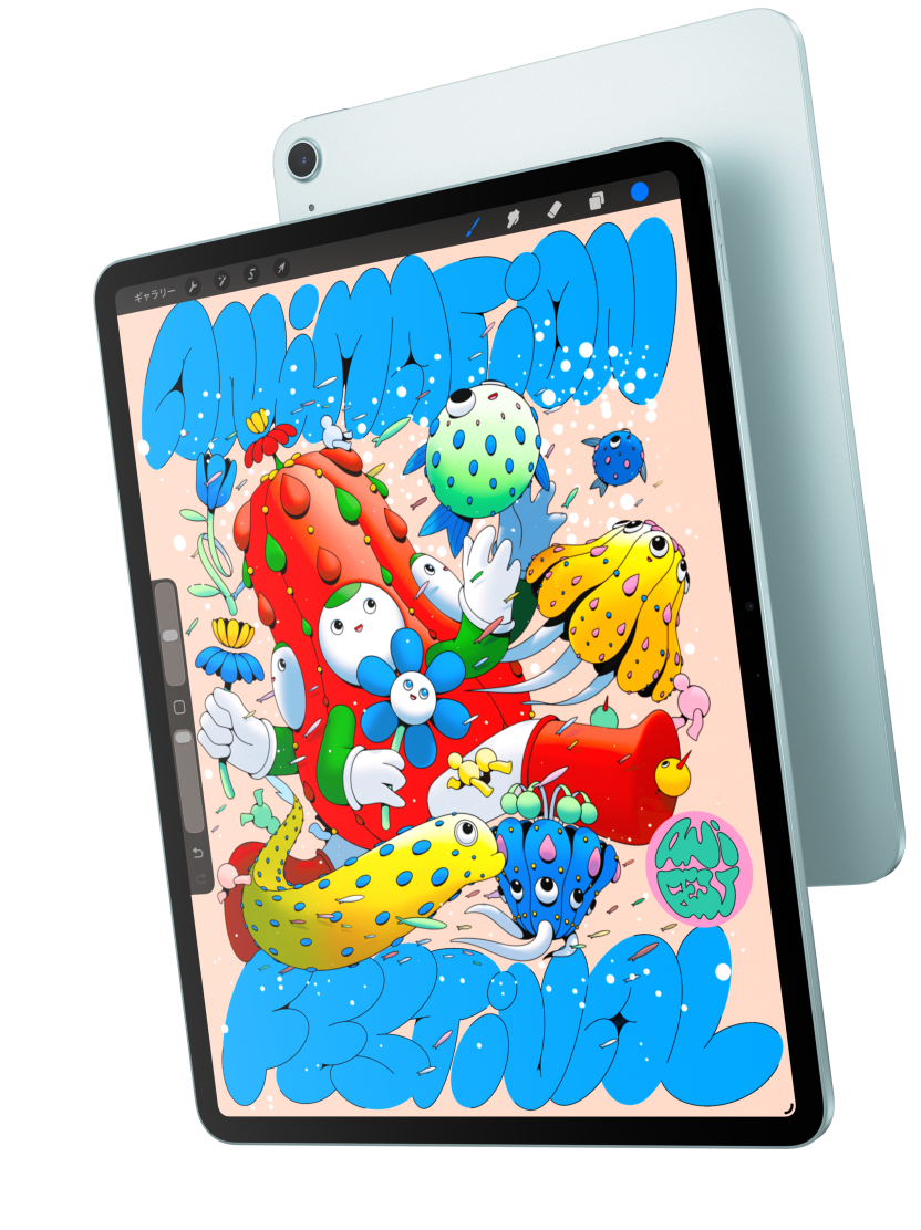 背面の外観が見えているブルーのiPad Airの手前に重なった、iPad Airの前面の外観。Procreateが表示された13インチモデルを紹介している