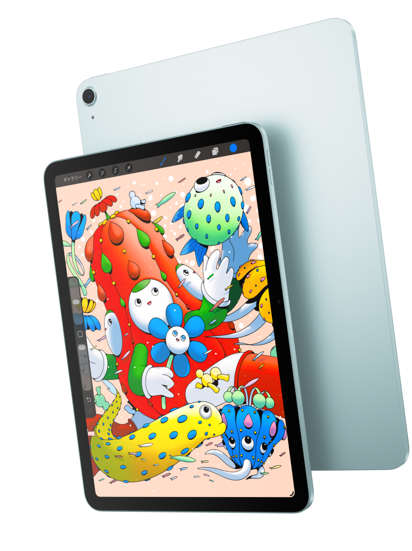背面の外観が見えているブルーのiPad Airの手前に重なった、iPad Airの前面の外観。Procreateが表示された11インチモデルを紹介している