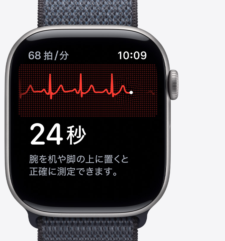 ローズゴールドアルミニウムケースのApple Watch Series 11。心電図アプリ、左上角に1分あたりの心拍數(shù)、中央に心電図波形とタイマー、右側(cè)面の外観、Digital Crown、ライトブラッシュのスポーツバンド