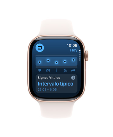 Apple Watch Series 10 con correa deportiva blanca, interfaz de usuario con un texto que dice Signos Vitales y Temperatura de la mu?eca, al lado se muestra otro Apple Watch Series 10 con correa deportiva negra, interfaz de usuario con un texto que dice Signos Vitales, Temperatura de la mu?eca, Frecuencia cardiaca y Análisis